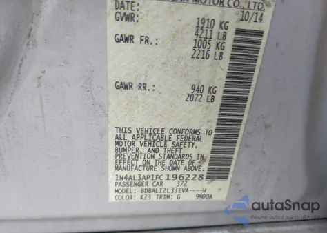 2015 Nissan Altima 2.5 Sv z USA, uszkodzony, nr VIN 1N4AL3AP1FC196228